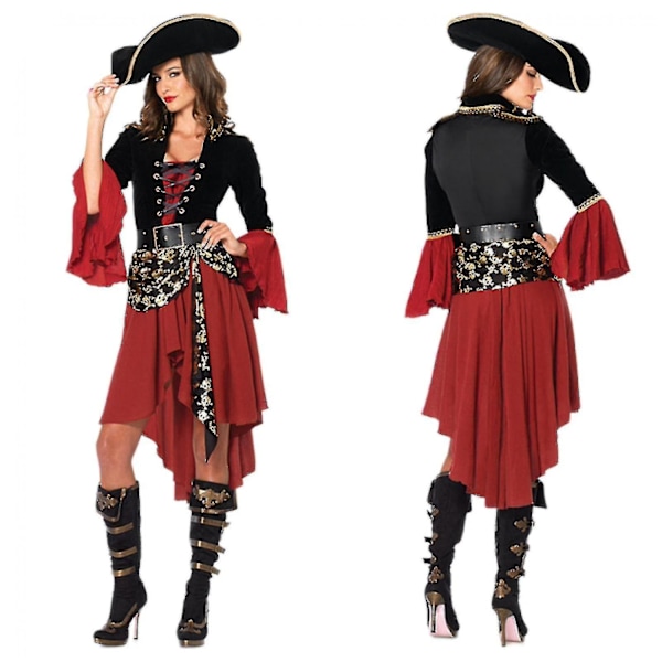 Kvinders 3-delt Cruel Seas Pirate Captain Kjole Kostume med Fastgjort Sash, Bælte, Hat, Sort/Burgunder-Perfet L