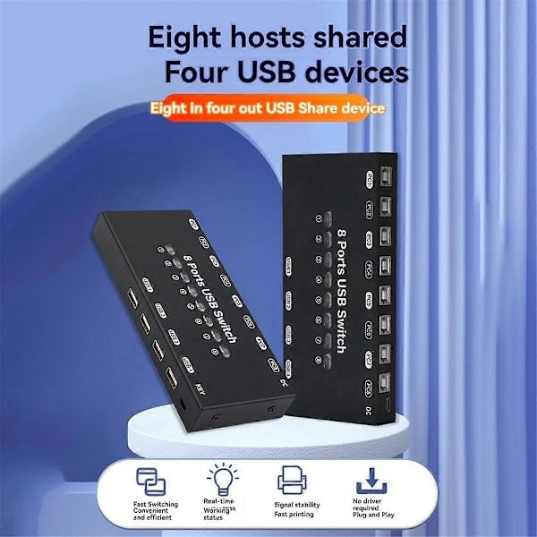 8 ind 4 ud USB KVM Switch USB KVM Switcher Kompatibel med Windows10 Computer PC Tastatur Mus Printer Delingscontroller - Perfekt