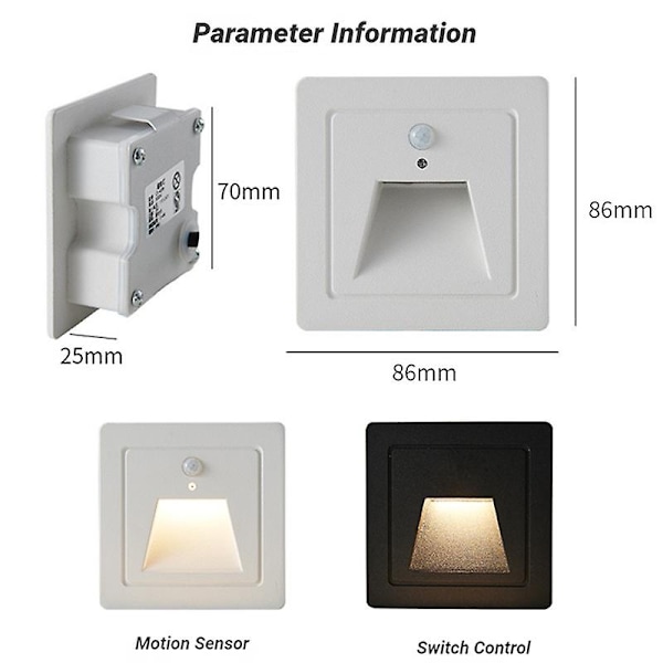 3W Innfelt LED Vegglampe PIR Bevegelsessensor Trappelys AC85-265V Trinnlampe Korridor Belysning Utendørs Innendørs Veggbelysning - Perfekt Black Warm White 3000K