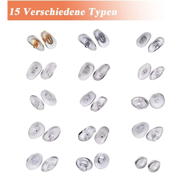 150 par glasögon näskuddar set, glasögonreparationssats, näskuddar skruvsystem, glasögonkuddar, klicksystem, 15 storlekar, mjuka - Perfet