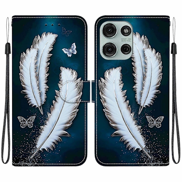 Läderfodral med ritning Kompatibelt med Motorola Moto G75 5G-Perfet White Butterfly Feathers