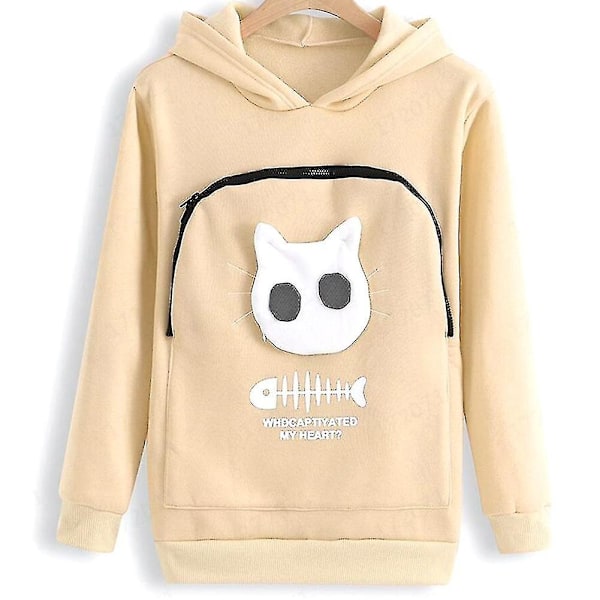 Sweatshirt med Kænguru-lomme til Katte-elskere - Hundedyr Pote Trøjer Kælelomme Sweatshirt Lomme Dyreører Hættetrøje - Perfekt Apricot M