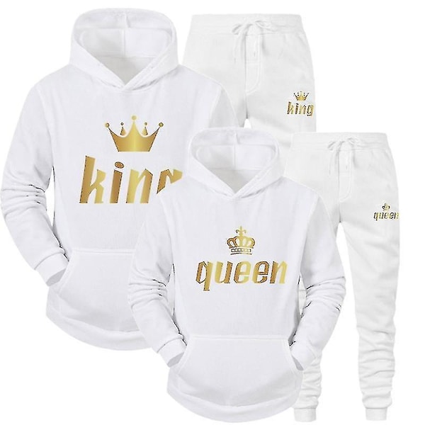 2023 Mode Par Sweatshirt Kung & Drottning Tryckt Par Hoodie Set med Huva och Byxor 2-pack Streetwear Kläder för Män och Kvinnor - Perfekt White Queen S