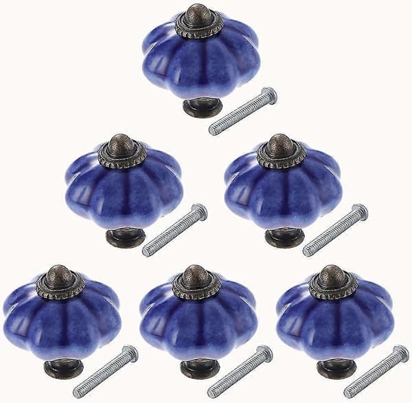 Set med 6 Keramiska Skåpknoppar Antik Stil Pumpaform Blå-Perfet