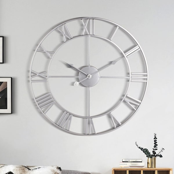 Stort vægur, metal retro romertal ur, moderne runde lydløse vægure, let at læse til stue/hjem/køkken/kontor/sølv-perfet Silver 18 tum