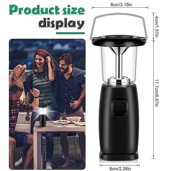 Solar Håndsving Dynamo Campinglanterne - Bærbar 6 Led Vind Op Lampe Dynamo lommelygte med Foldbar Krog Campinglanterne Lys-Perfekt 4PCS Black