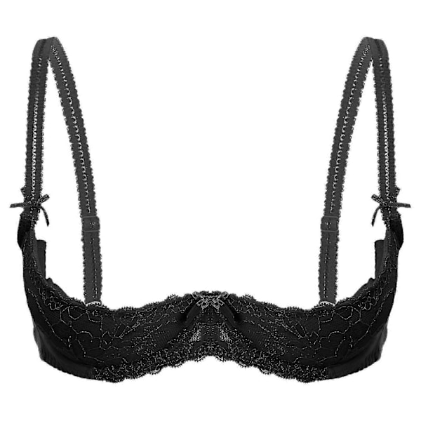 Damunderkläder - Spetsbh med halvkupor, push-up, underwire, justerbara band, vadderad med svamp, perfekt Black A S