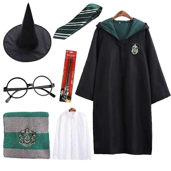 7-osainen taikurivelho Harry Potter Cosplay-puku Viitta Viitta Tylypahkan koulupuku - Perfet 7Pcs Green Kids 135