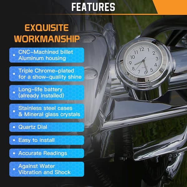 Motorcykelstyreklocka - Scooterklocka - Vattentät - Stötsäker - Passar 22-254 mm styren - Med belyst display