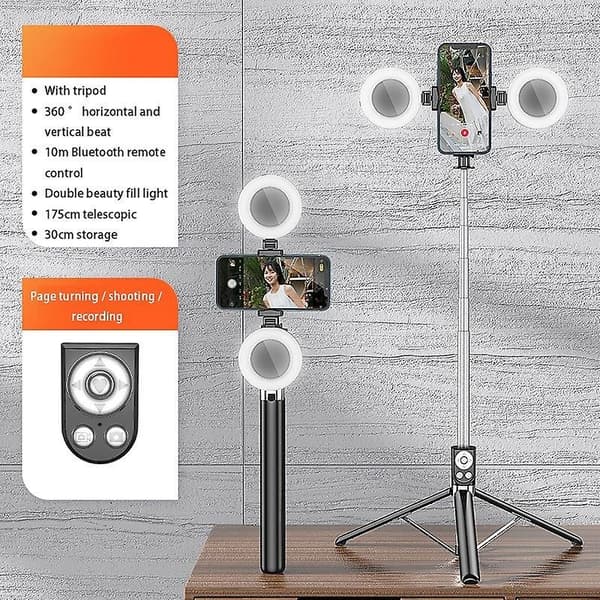 R17DS 1,75 m Portabel Bluetooth Selfie Stick Utdragbart Tripod Telefonstativ med Dubbla Fyllnadsljus 360-Perfet Black