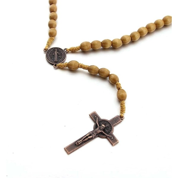katolskt kors rosenkranshalsband Naturträ bönpärlor med medaljkors (ljusbrunt) - Perfet Light Brown