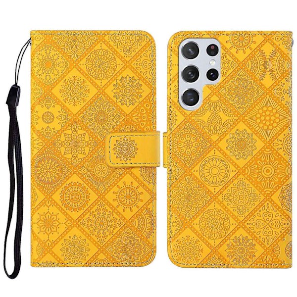Kompatibel med Samsung Galaxy S23 Ultra 5G Etnisk Stil Preget Mønster Lær Telefonveske-Perfet Yellow