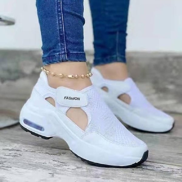 Ortopædisk luftpude sål flyvende vævede sneakers til gåsko til kvinder afslappet bedste gave - perfekt White 39