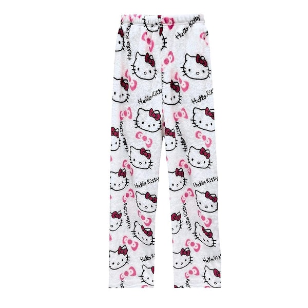 Kawaii Pyjamas för Kvinnor och Flickor - Cartoon Hello Kitty All Over Print Flanell Jul Anime Mjuka Sovbyxor - Perfekt White L