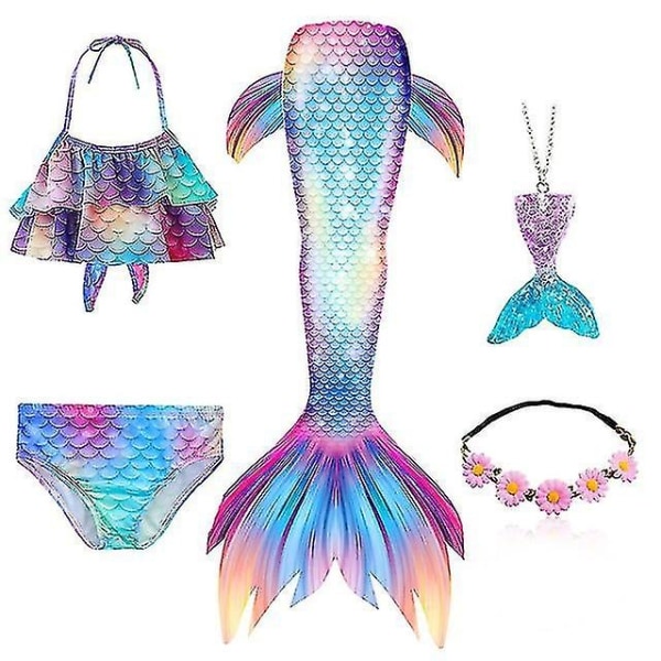 5 stk/sett Girls Mermaid Tail Badedrakt Barn Mermaid Ariel Cosplay Costume Fantasy Beach Bikini - Perfet Set 1 150
