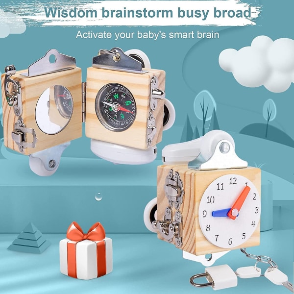 Busy Activity Cube, Busy Block Toy, Montessori-leksaksaktivitetstavla i trä, kompass - Perfet Color 4