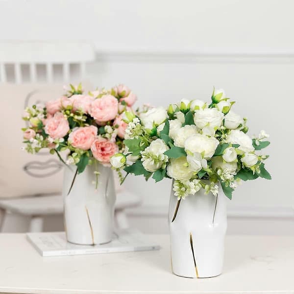 4 bunter kunstige peoner, hvite blomster, silkepeoner-Perfet