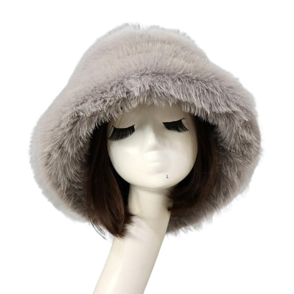 Bucket Hat Oversized Fluffy Wide Brim Blød Tykk Ørebeskyttelse Kunstig Pels Vinter Termisk Kvinder Fisker Hat-Perfet grey