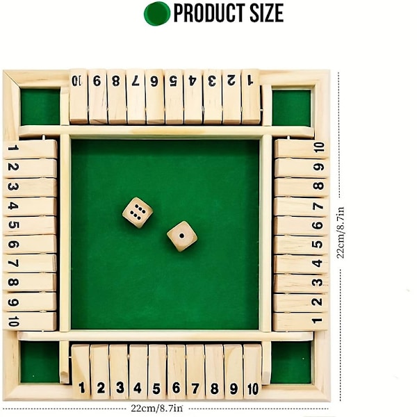 1-4 spillere Shut The Box terningspill, klassisk 4-sidig trebrettspill med terninger for barn voksne, bordversjon og pub-brettspillleketøy-Perfet