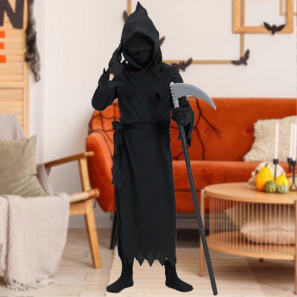 Røde Øjne Grim Reaper Kostume til Børn 4-12 År - Gysende Halloween Kostumer med Legetøjs-Scythe, Karneval Party Outfits-Perfekt 130cm-140cm