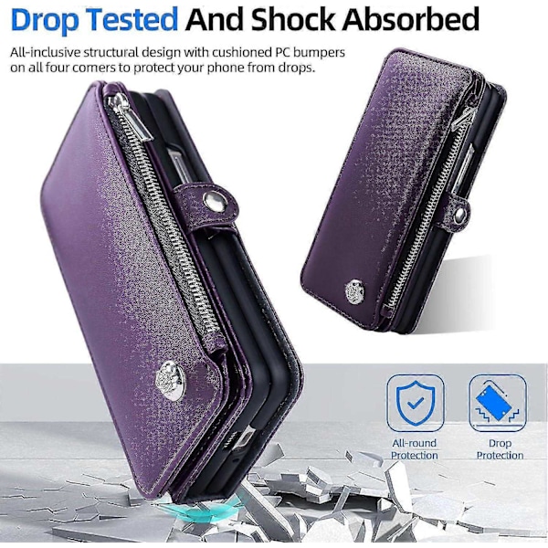 Yhteensopiva Samsung Galaxy Z Fold 5 Lompakkokotelon kanssa, Z Fold 5 Kotelo S Pen -pidikkeellä, hihnalla ja vetoketjullisella magneettisella nahkakannella - Täydellinen Purple