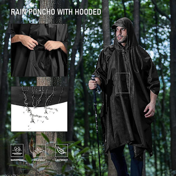 Regnkappe 3 i 1 Regnponcho Vandtæt Poncho Voksen, Genanvendelig Regnponcho Voksen Vandafvisende Poncho-Perfekt Black