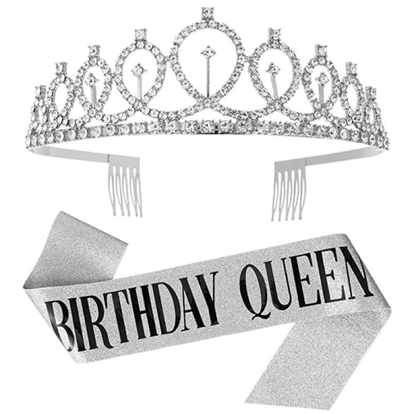 1 sett Bling Rhinestone Crown Tiara Sash Bursdagsjubileumspar - Perfet Silver BIRTHDAY QUEEN