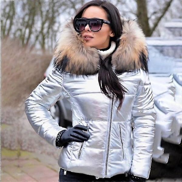 Dame Vinter Kunstig Pels Hætte Puffer Dunjakke Lady Tyk Quiltet Polstret Jakke Lynlås Parka-Perfet silver L