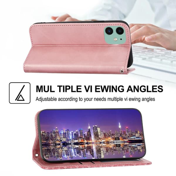 Kompatibel med iPhone 12 Cover, Læder Wallet Flip Cover med Rem - Perfekt Rose Gold