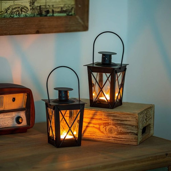 Glassgulv/hengende lykt, bærbar glasslykt, telys liten retro jernlykt, hengende lampe for dekorasjon av hjem/hage (svart, 4 stk)- Perfet