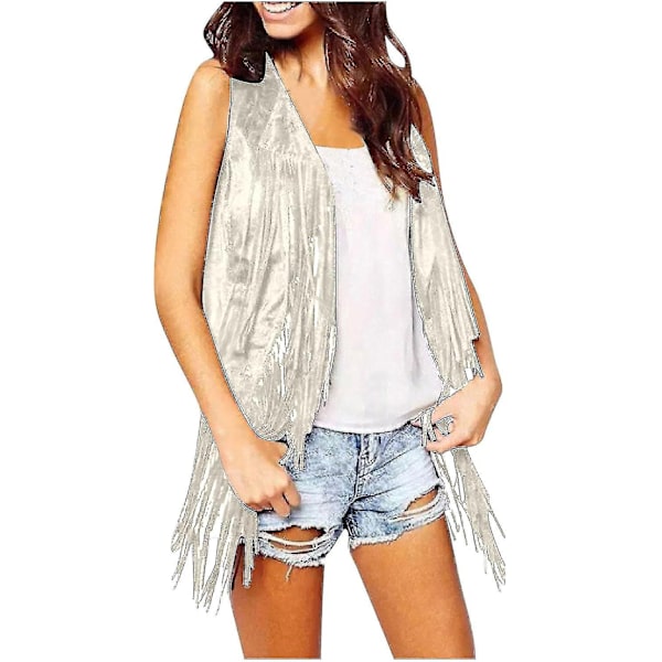 70-tals Toppar Kompatibla Kvinna Cowgirl Skjorta Disco Fringe Väst Jacka-Perfekt Beige XL