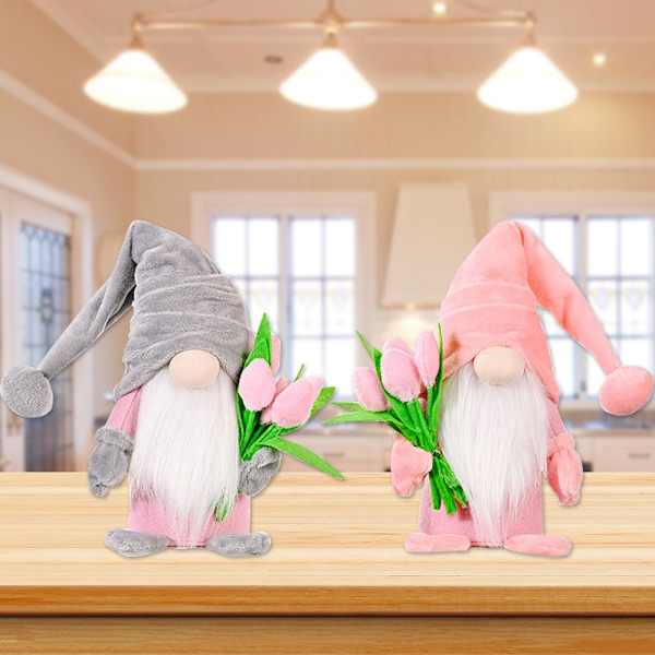 Mors dag ansiktslös docka prydnad Söt hållande tulpan Gnome Toy Kreativ skrivbordsinredning Bra present till mamma Gray Hat