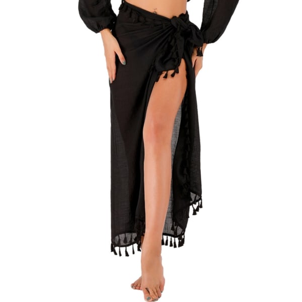 Damebadetøj Sarong Wrap Nederdel Beach Cover Up Badedragt Bikini Cover-Ups Badetøj med kvaster Black