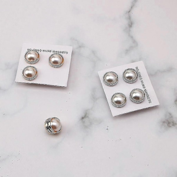 Utsökt 4-pack Vit Pärla Hijab Brosch Säkerhet Magnetisk Mode Sjal Halsduk Nålar Inga Hål-Perfekt Silver