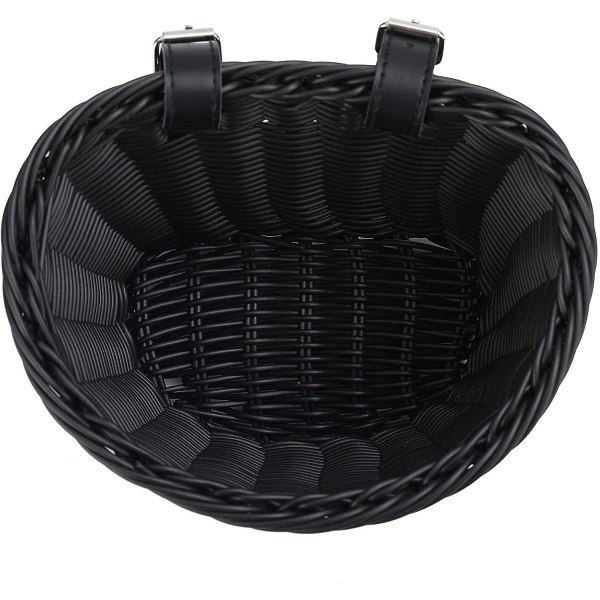 Barnesykkelkurv Front Vevd Wicker Sykkelkurv Med Styre Streamere - Perfet Black