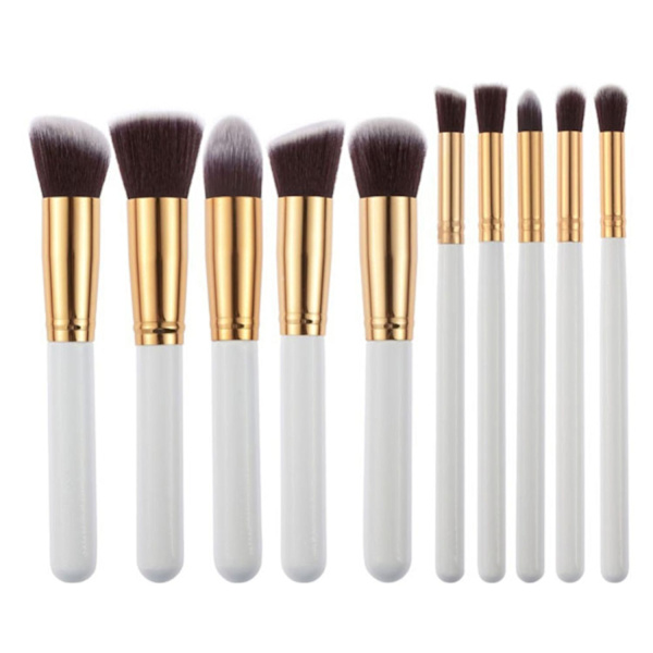10 stk. Makeup Brush Set - Lintfri, Tætte Børstehår, Blød Pudder, Foundation, Contour, Blush, Concealer - Perfekt Gold & White