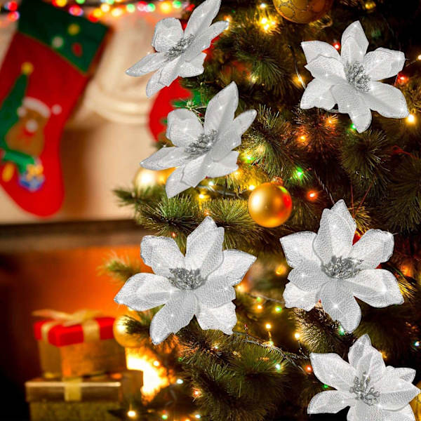 24 stycken 15cm julblomma julgransdekorationer - Perfet silver