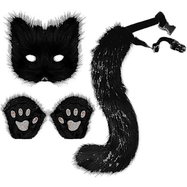 Falsk Pels Ræv Hale Kat Ulv Cosplay Kostume Sæt Blød Maske Fluffy Poter Handsker Halloween Jul-Perfet Black