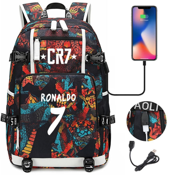Football Star CR7 USB laddningsryggsäck Skolväska Reseväskor för bärbara datorer för barn-studenter - Perfet style 7
