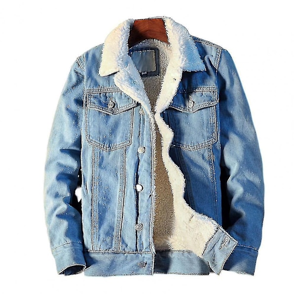 Høst- og vinterjakke for menn - Denimfôr, tykk ull, denimjakke, yttertøy, jakke med fløyelslomme, pelsjakke for menn - Perfekt Light Blue M