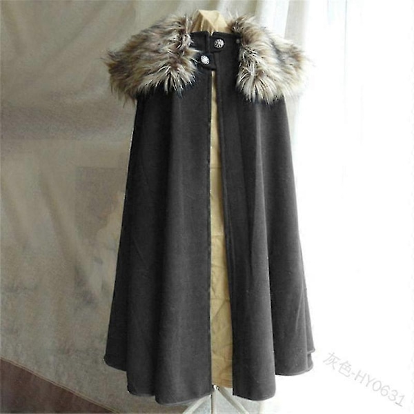 Miesten keskiaikainen pukuviitta Talvi Fur Kaulus Larp Viking Cosplay Cape Takki Korkea Laatu Gootti Naiset Cape Halloween Puku-Perfet Gray M