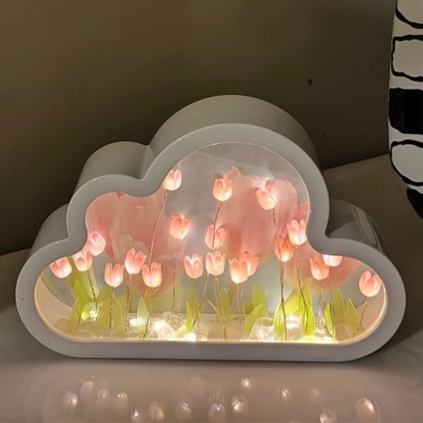 DIY Tulip Natlampe, Cloud Mirror Simulering, Blomster, Sengebordslampe, Boligindretning, Teenagepigeværelsesindretning, Stearinlys (Pink)- Perfet
