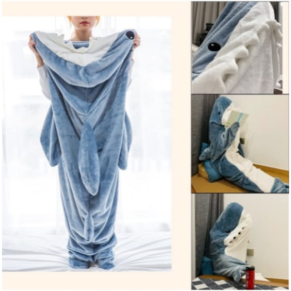 Shark Felt Adult Super Pehmeä fleecehuppari makuupussi Kannettava löysä yksiosainen pyjama sininen blue L/170*70
