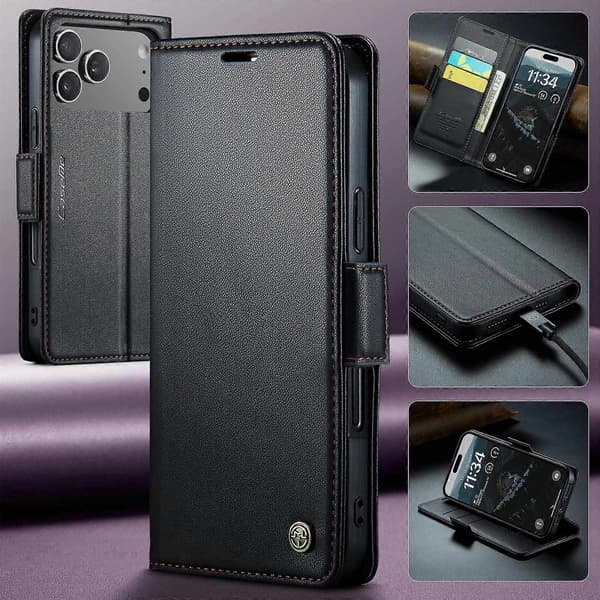 CASEME 023 Series RFID Läder Plånboksfodral Stativ Telefonfodral för iPhone 17 Pro Max Black