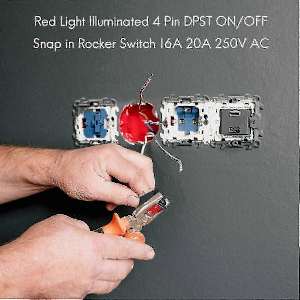 20A 250V AC DPST Snap In Rocker Switch 4 Ben Rødt Lys Belyst - Perfet