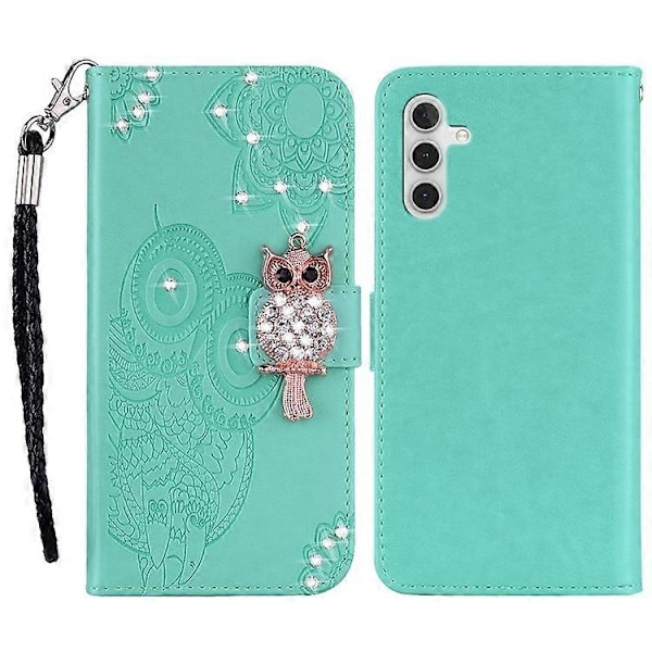 Kompatibel Kompatibel med Samsung Galaxy A54 5G Strass Telefonfodral Präglad Uggla Blomma Läderfodral med Ställ Plånbok-Perfekt Indigo