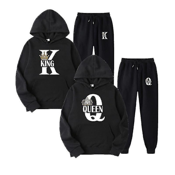 2023 Mode Par Sweatshirt Kung & Drottning Tryckt Par Hoodie Set med Huva och Byxor 2-pack Streetwear Kläder för Män och Kvinnor - Perfekt Black Queen 2 XXL