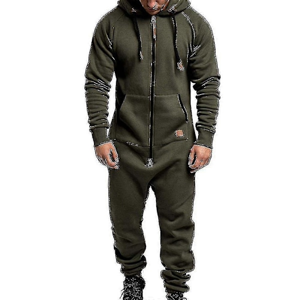 Männs En-delad Huvtröja med Blixtlås Jumpsuit Vinter Casual Huvad Bodysuit Jumpsuit - Perfekt Army Green M
