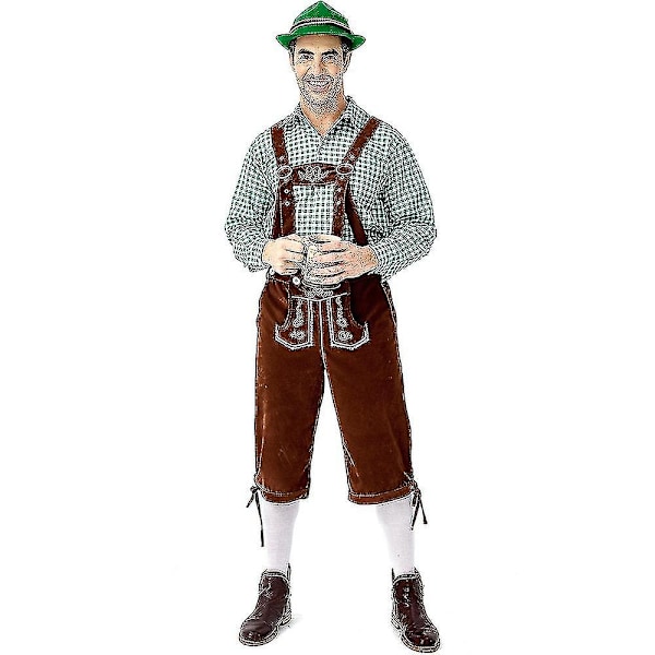 Tradisjonell Oktoberfest-kostyme for menn - Rutete skjorte, broderte bukser og hatt - Perfekt green Brown pants XL