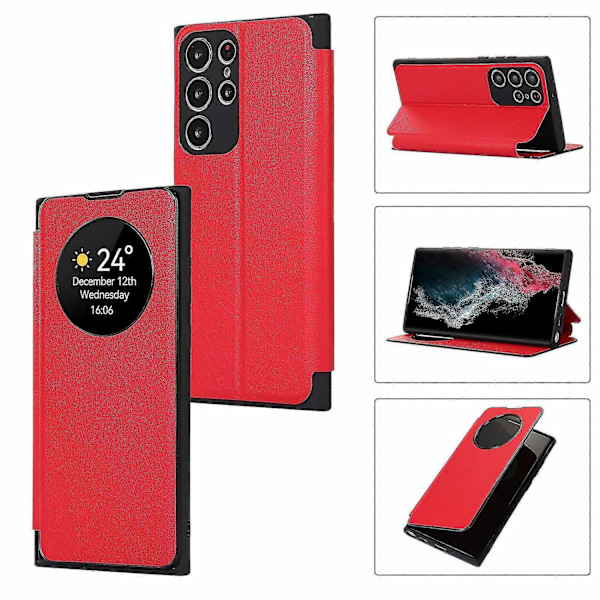 Fodral för Samsung Galaxy S24, Smart Sleep/Wake Up Funktion Visningsfönster Premium Läder Flipfodral med Kortplats, Ställ Trådlös Laddning-Perfekt red S24 plus